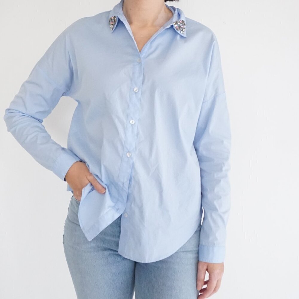 Youh! Belqium Baby Blue Jewels Button Down Dress Shirt Size 34 S